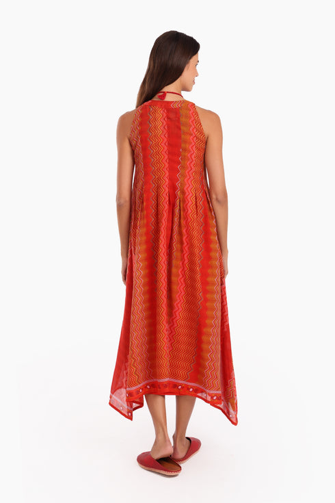 Sleeveless long dress in printed cotton voile